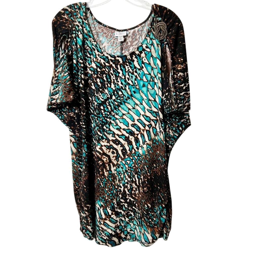 WORTHINGTON STRETCH NEMO PRINT BROWN GREEN WOMEN SPANDEX SIZE LARGE BLOUSE NEW